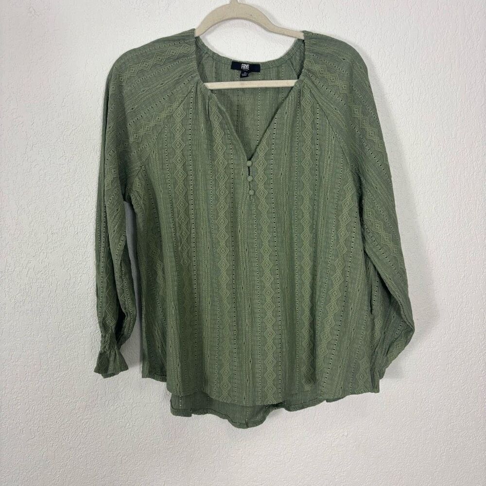 Frye Green Embroidered Patterned V Neck Long Sleeve Blouse Top Size Medium